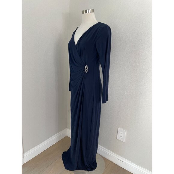 Chaps Womens 12 Navy Long Sleeve Evening Dress Rhinestone Accent Stretch - Picture 3 of 13